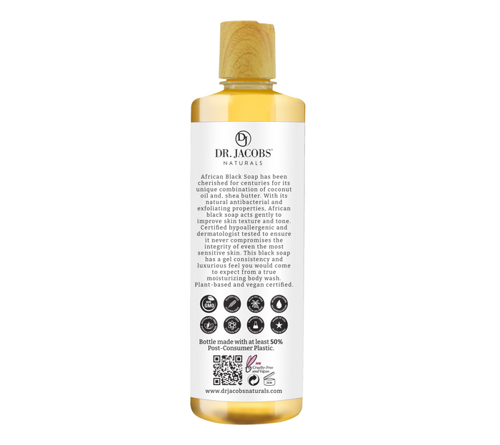 A bottle of Dr. Jacobs Naturals African Black Soap Body Wash highlights its purifying and detoxifying powers. The label includes the brand logo, a QR code, and focuses on natural ingredients, with the bottle made from at least 50% post-consumer recycled plastic.