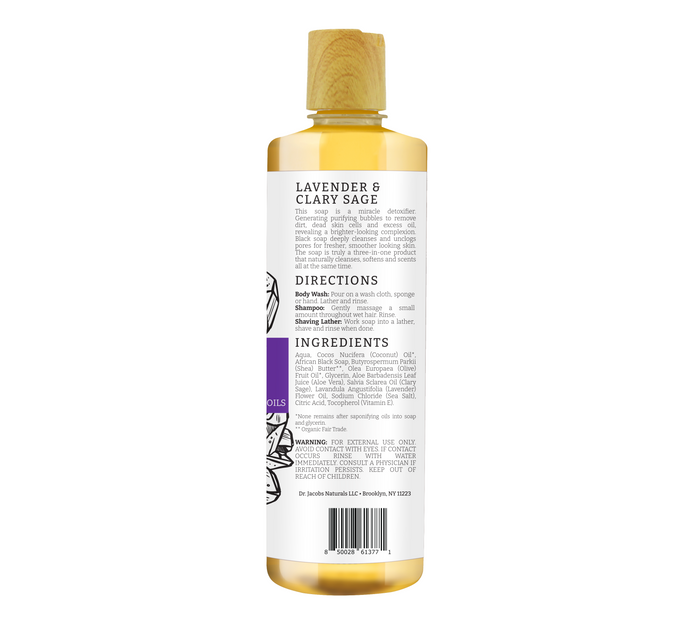 A yellow bottle with a wooden cap from Dr Jacobs Naturals, labeled African Black Soap Body Wash, featuring purifying bubbles. A white label with purple accents lists ingredients like coconut and olive oil, plus directions for detoxifying use.