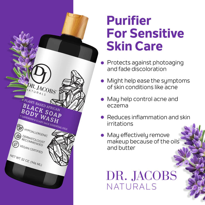 Dr. Jacobs Naturals African Black Soap Body Wash with lavender purifies and detoxifies, protecting against skin damage, helping acne, controlling oil, reducing inflammation, and removing makeup. Its dermatologist-recommended and vegan-certified.