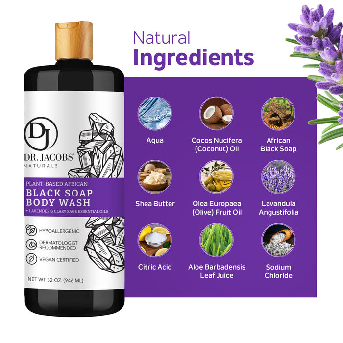 A bottle of Dr Jacobs Naturals African Black Soap Body Wash with lavender and citrus sage boasts natural icons: aqua, coconut oil, African black soap bubbles, shea butter, olive fruit oil, lavender, citric acid, aloe, and sodium chloride.