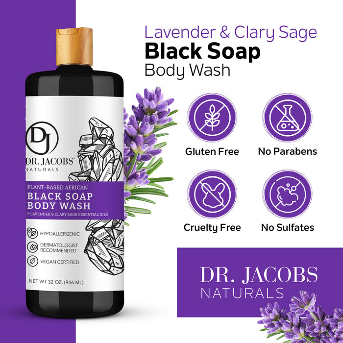 Displayed is a Dr. Jacobs Naturals African Black Soap Body Wash, featuring purifying bubbles with benefits like Gluten Free, No Parabens, Cruelty Free, and No Sulfates. Illustrated lavender and clary sage flowers accentuate its detoxifying qualities.