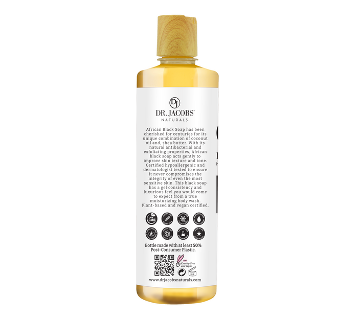 The African Black Soap Body Wash by Dr Jacobs Naturals detoxifies and moisturizes with purifying bubbles. Its label shows natural ingredients, certifications, and a QR code. Made of 50% post-consumer plastic, it’s an eco-friendly skincare choice.