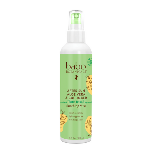 Babo Botanicals After Sun Aloe Vera & Cucumber Soothing Mist in a 5.5 fl oz spray bottle features a green and yellow label with leaf designs. Ideal for sensitive skin, it offers an alcohol-free, plant-based formula for gentle care.