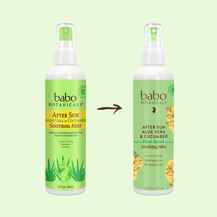 Two Babo Botanicals After Sun Aloe Vera & Cucumber Soothing Mist bottles are shown. The left bottle has older packaging, and the right features a new design with updated graphics and text. An arrow points to the new bottle, emphasizing its alcohol-free formula for sensitive skin.
