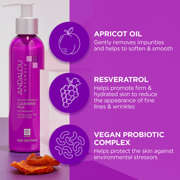 A bottle of Andalou Naturals Apricot Probiotic Cleansing Milk is shown. Text highlights benefits: apricot oil for softening, resveratrol for reducing fine lines, and vegan probiotic complex for skin protection. Apricots and skincare icons are depicted.