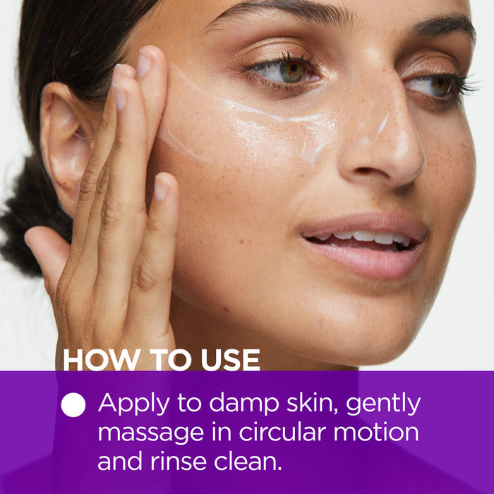 Woman applying skincare product to her cheek, demonstrating how to use it. Text overlay instructs to apply to damp skin, massage in a circular motion, and rinse clean.