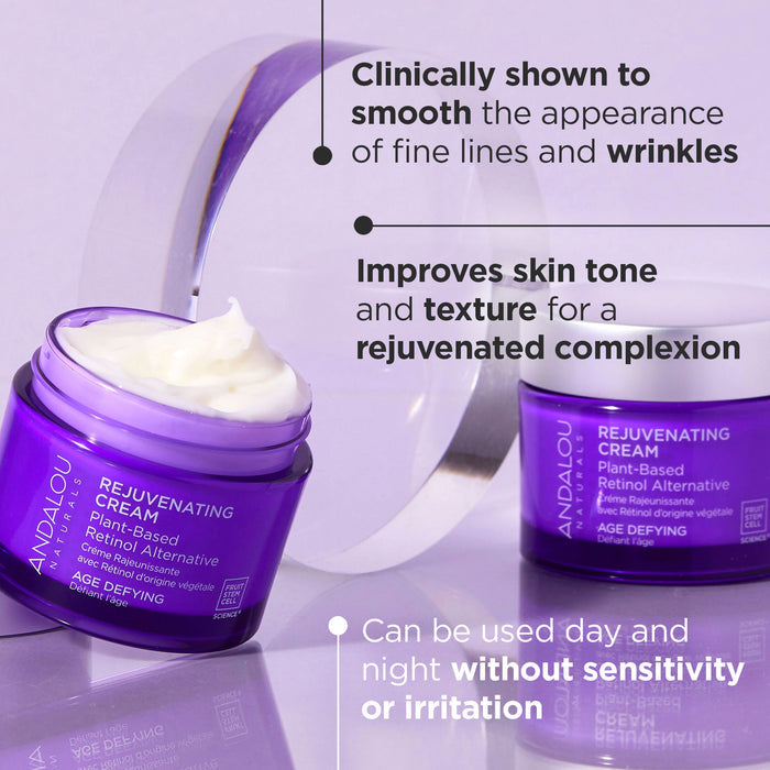 A purple jar of Andalou Naturals Rejuvenating Cream is open, showing the cream inside. The text highlights the cream's benefits: smoothing wrinkles, improving skin tone and texture, and being suitable for day and night use without irritation.