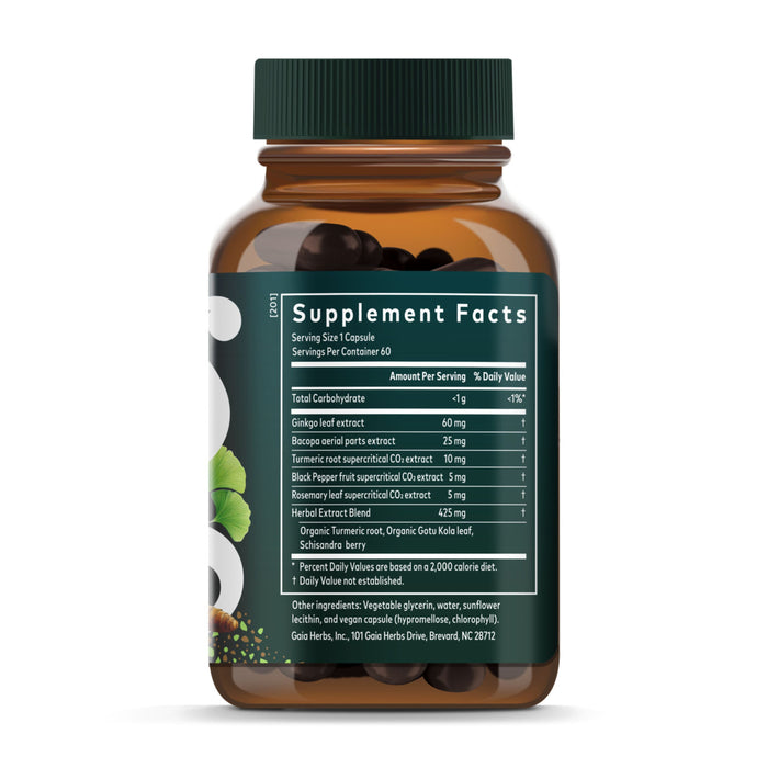 A capped brown bottle of Gaia Herbs Agile Mind® supplement labeled “Supplement Facts,” showing ingredients like ginkgo leaf extract, bacopa aerial parts extract, and turmeric. Inside are dark capsules to support brain and cognitive function.