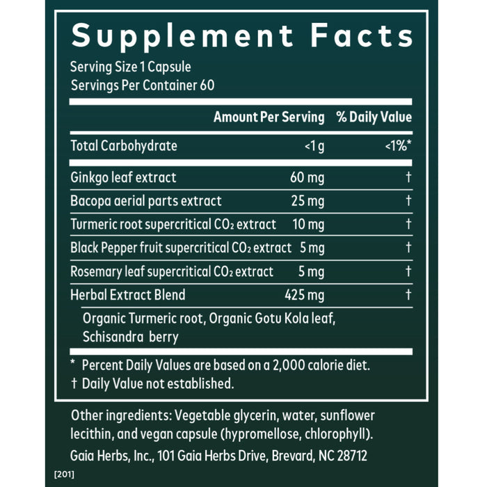 The Supplement Facts label for Gaia Herbs Agile Mind® shows 1 capsule per serving, 60 servings per container, and ingredients like ginkgo leaf, bacopa extract, turmeric, gotu kola, black pepper, and an herbal blend for brain health. Daily values listed.