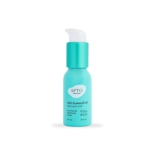 A turquoise 60 mL (2 fl. oz.) bottle of APTO Skincares cruelty-free AHA Seaweed Gel with Lactic Acid features a white pump top and a label emphasizing its nourishing, revitalizing, resurfacing, and deeply exfoliating formula.