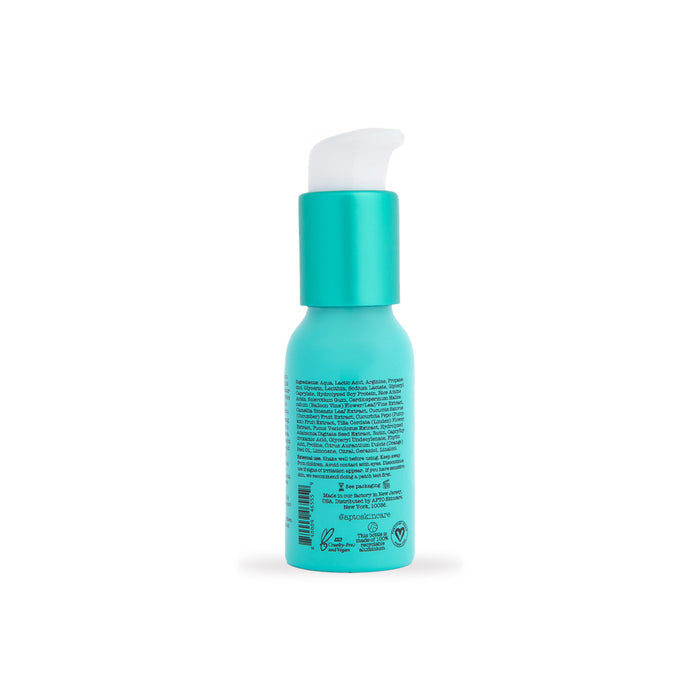 A turquoise bottle of APTO Skincares AHA Seaweed Gel with Lactic Acid features a pump dispenser and displays symbols like Cruelty-Free on its label. The bottle is shown from the back against a white background, emphasizing ethical skincare.