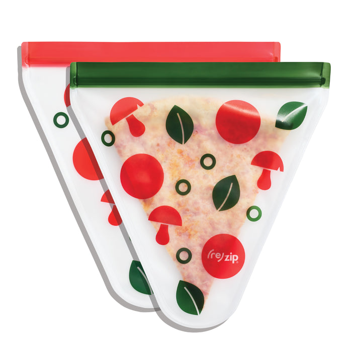 The (re)zip Airtight Pizza Saver Kit includes two reusable, triangle-shaped containers—each fits a pizza slice and features red and green circle and veggie designs. Keeps your pizza fresh with airtight food storage.
