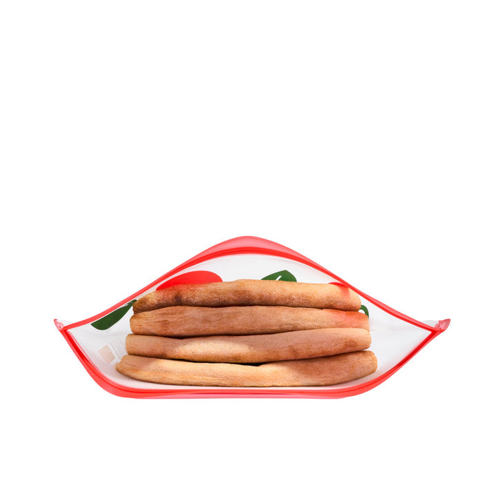 The (re)zip Airtight Pizza Saver Kit is a red tray with a cherry design, perfect for pizza storage, and can hold up to five stacked breadsticks or baguettes.