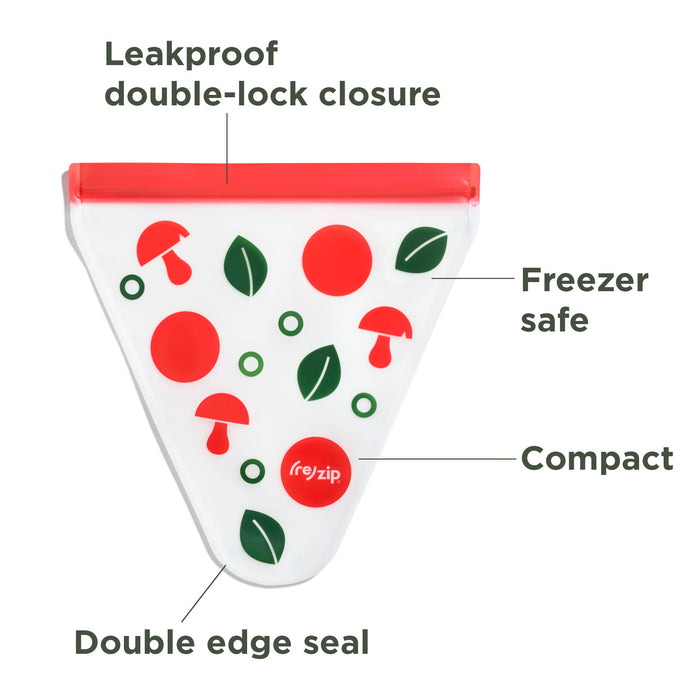 The (re)zip Airtight Pizza Saver Kit is a triangle-shaped, reusable food storage bag with red mushrooms and green circles, featuring a leakproof double-lock closure, double edge seal, freezer safety, and compact size—perfect for keeping pizza fresh.