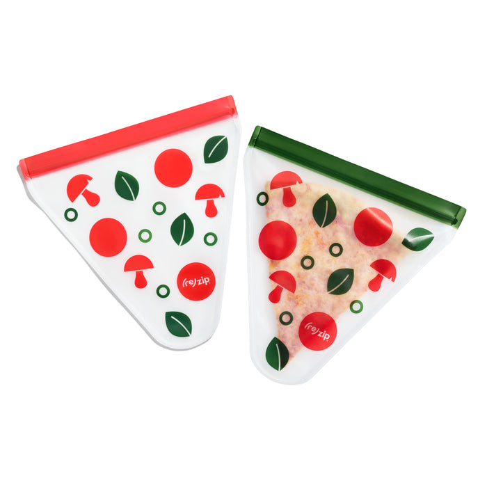 The (re)zip Airtight Pizza Saver Kit includes two triangle-shaped reusable silicone bags, one empty with a red seal and one filled with a green seal, both featuring mushroom and leaf patterns plus a red “re:zip” logo—ideal for pizza or food storage.