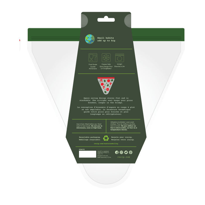 The (re)zip Airtight Pizza Saver Kit features triangular green and white packaging with a watermelon slice illustration, icons for water, sunlight, and eco-friendliness, plus text on sustainable growing. Loops and handle on top allow easy carrying.