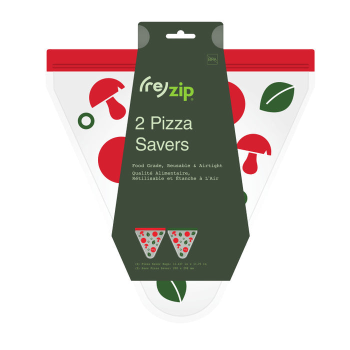 The Airtight Pizza Saver Kit by (re)zip includes two reusable pizza storage bags with green labels, red zippers, and fun mushroom and leaf prints on a white background.