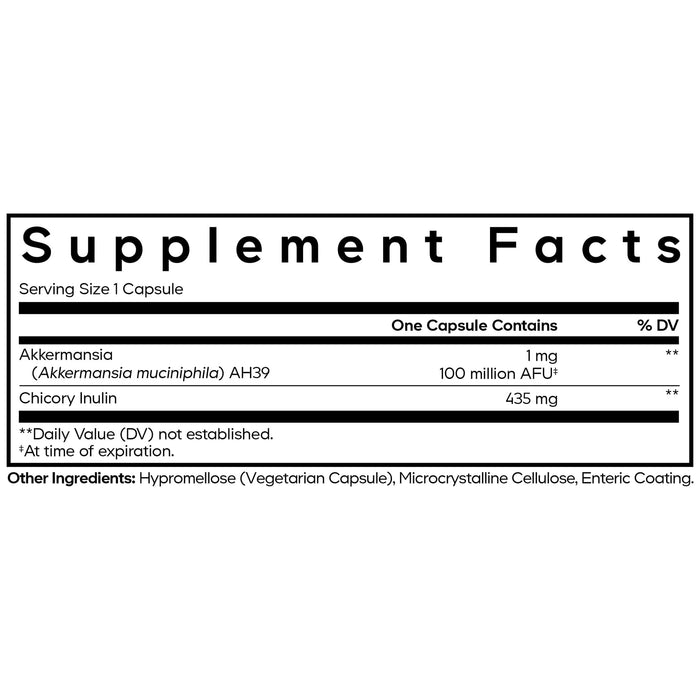 Codeage Akkermansia Supplement Facts: Each capsule contains 1 mg Akkermansia muciniphila AH39 (100 million AFU) and 435 mg chicory inulin, plus other ingredients. See label for daily values and details.