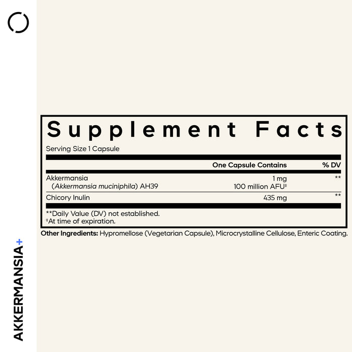 The Supplement Facts label for Codeage Akkermansia shows a serving size of 1 capsule with 1 mg Akkermansia muciniphila (100 million AFU) and 435 mg chicory inulin, plus details on other ingredients and daily values.