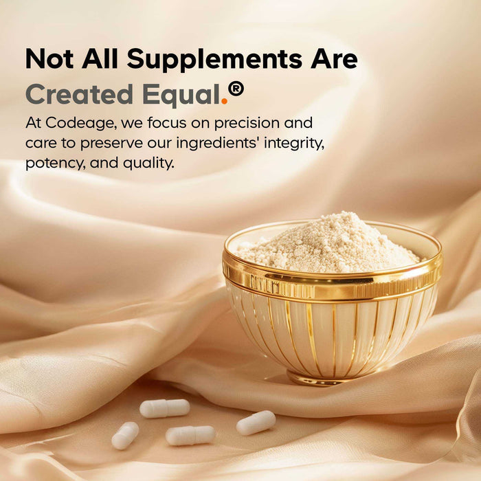 A gold-rimmed glass bowl with powdered Akkermansia probiotic supplement by Codeage sits on silky beige fabric beside three white capsules. Above, the text reads: “Not All Supplements Are Created Equal.®”.