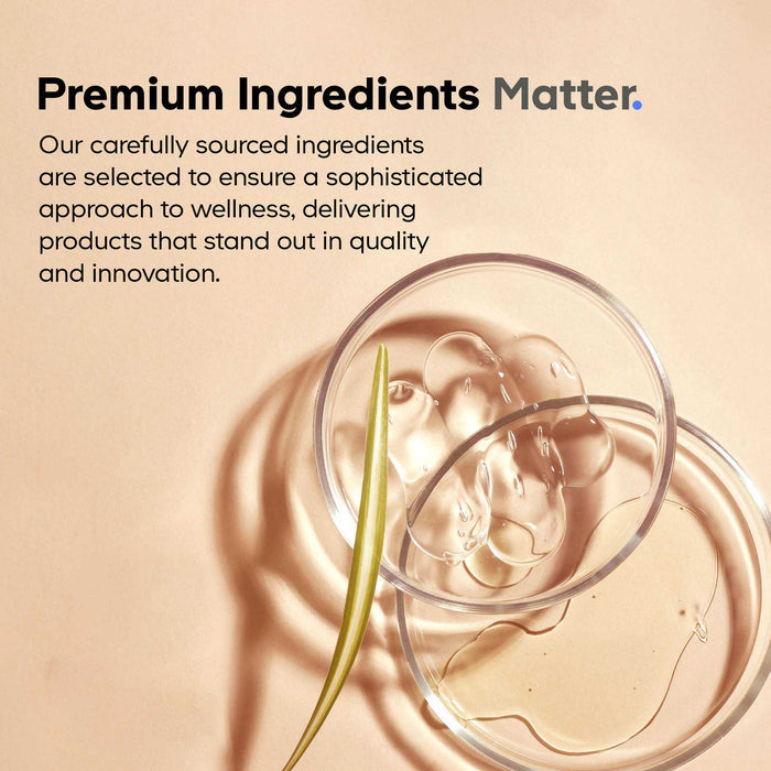 Two clear glass petri dishes with serum-like liquids and a green leaf rest on a beige surface. The text above reads: Premium Ingredients Matter, showcasing Codeage Akkermansia’s focus on quality and chicory inulin innovation.