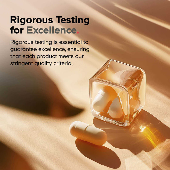 A clear cube containing white capsules sits on a sunlit surface, with one capsule outside. Text reads: Rigorous Testing for Excellence. Each Codeage Akkermansia probiotics supplement is tested to meet strict quality standards.
