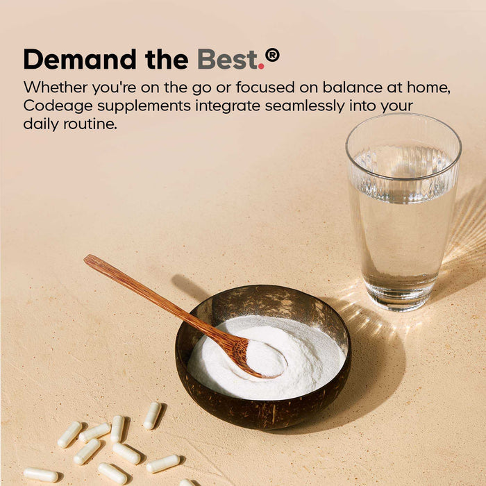 A wooden bowl of white powder with a wooden spoon, several white capsules, and a glass of water on a beige surface. Text above promotes Codeage Akkermansia probiotics supplement for daily routines.