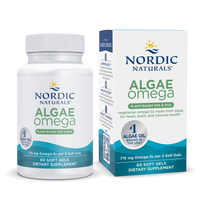 Nordic Naturals Algae Omega is a top algae oil brand in the U.S., featuring plant-based omega-3 EPA+DHA from algae, perfect for vegetarians and vegans. A bottle contains 60 soft gels, delivering 715 mg Omega-3s per serving.