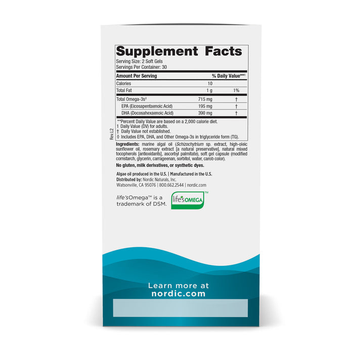 Back view of an Algae Omega bottle by Nordic Naturals displaying a white Supplement Facts label with serving size, nutritional info, and ingredients like fish oil and omega-3 EPA+DHA. A logo and nordic.com are at the bottom over a blue wave design.