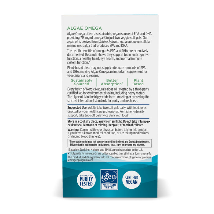 The back of Nordic Naturals Algae Omega supplement box provides detailed product info, including benefits, usage instructions, and certifications like non-GMO and purity-tested, making it ideal for vegetarians and vegans seeking omega-3 EPA+DHA.
