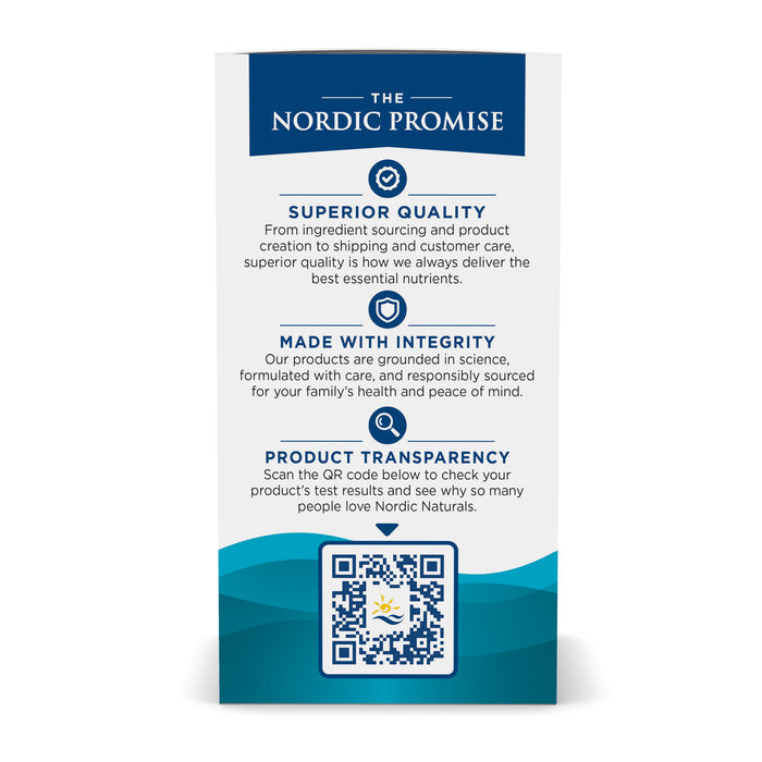 The Nordic Naturals Algae Omega label features three bullet points: Superior Quality, Made with Integrity, and Product Transparency. Ideal for vegetarians and vegans seeking its benefits. It includes a QR code at the bottom and a blue-and-white background.
