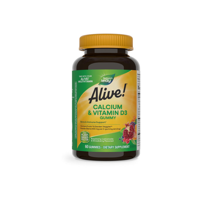 Nature’s Way Alive!® Calcium + D3 Gummy—For Bone & Immune Support—comes in a bottle with a yellow cap and green label featuring berries and pomegranate. Each bottle contains 60 tasty gummies for daily bone and immune health.