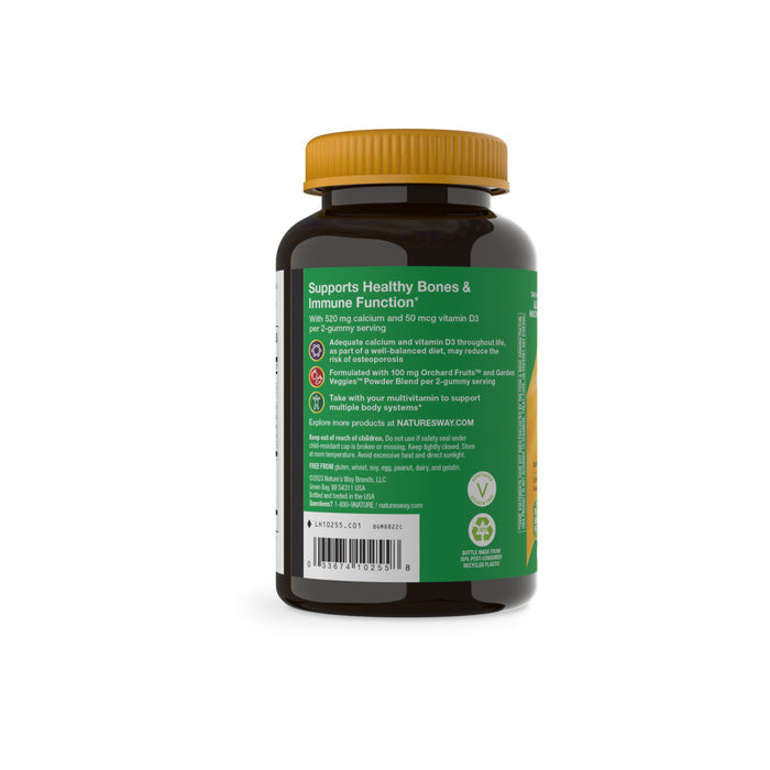 A bottle of Nature’s Way Alive!® Calcium + D3 Gummy - For Bone & Immune Support is shown with a green label and yellow cap, featuring supplement facts, directions, and benefits for bone and immune health against a white background.