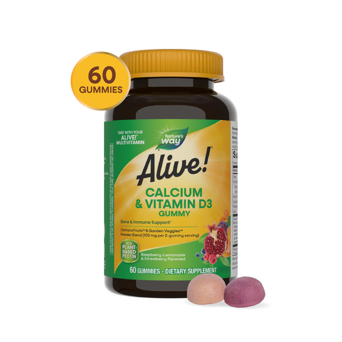 A bottle of Natures Way Alive!® Calcium + D3 Gummy - For Bone & Immune Support with a yellow label showing 60 gummies. Two gummies, one pink and one purple, are in front—ideal for bone and immune health.