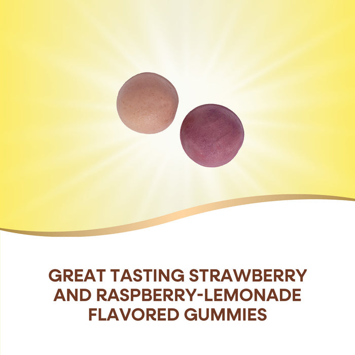 Two round gummies, one light pink and one purple, are shown on a yellow background. Text below: Nature’s Way Alive!® Calcium + D3 Gummy offers great-tasting strawberry and raspberry-lemonade flavors for bone and immune support.