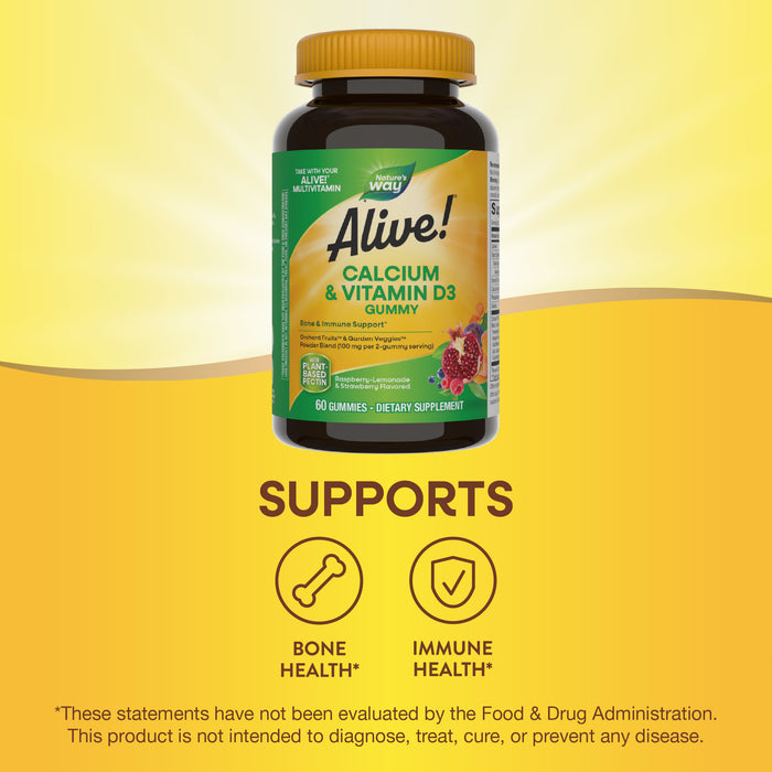 A bottle of Natures Way Alive!® Calcium + D3 Gummy - For Bone & Immune Support is shown on a yellow background. Text and icons highlight bone and immune health benefits, along with an FDA disclaimer below.