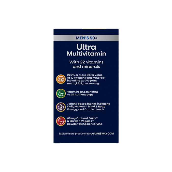 Front of a box labeled Natures Way Alive!® Mens 50+ Ultra Multivitamin, featuring 22 vitamins and minerals, key B-vitamins for energy, plant-based blends, and 60 mg of fruit & veggie powder blend to support heart health.