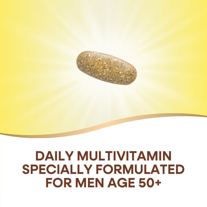 An Alive!® Mens 50+ Ultra Multivitamin tablet from Natures Way is centered on a yellow background with radiant light. Below, bold text reads: Daily multivitamin with B-vitamins, for heart health in men age 50+.