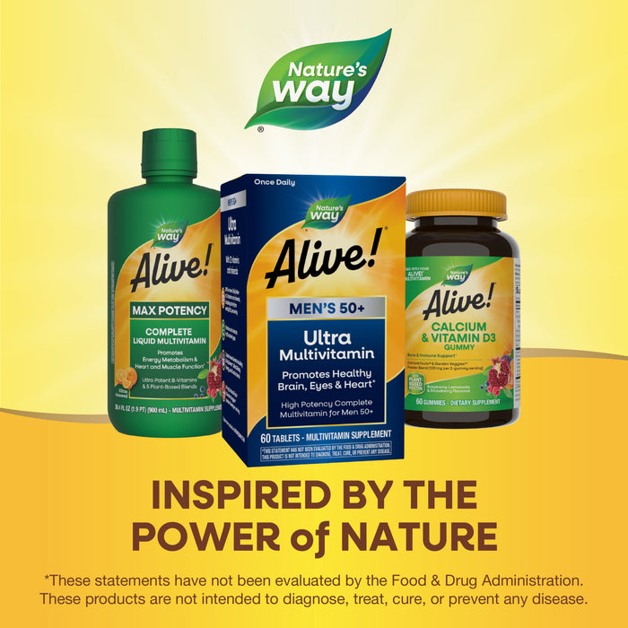 Three Natures Way supplement bottles and boxes, including Alive!® Mens 50+ Ultra Multivitamin, are displayed on a yellow background above the text INSPIRED BY THE POWER OF NATURE. The Natures Way logo appears at the top.