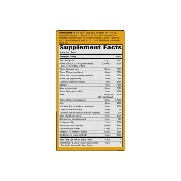 Supplement facts label for Natures Way Alive!® Mens 50+ Ultra Multivitamin, featuring ingredient list, B-vitamin amounts and daily values per serving, plus heart health supplement recommendations at the top on a yellow background.