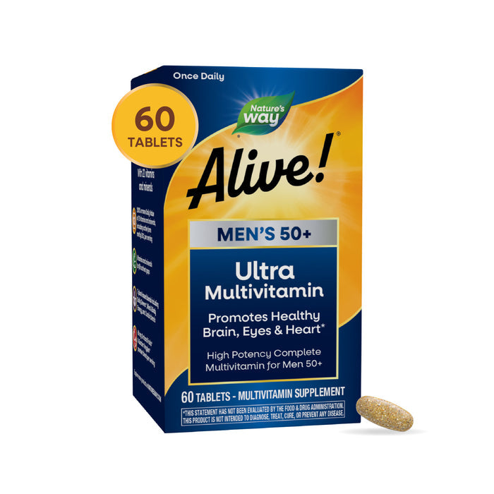 A box of Nature’s Way Alive!® Mens 50+ Ultra Multivitamin with 60 tablets is shown, featuring B-vitamins and heart health support for men over 50. One oblong tablet is placed beside the box.