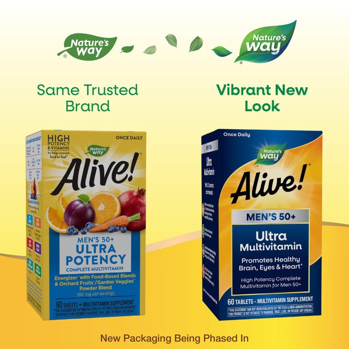 Two boxes of Natures Way Alive!® Mens 50+ Ultra Multivitamin appear side by side, showing the update to a blue and yellow design and emphasizing its heart health support with B-vitamins.