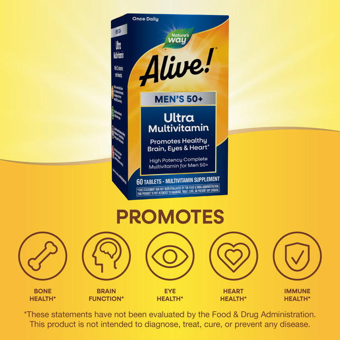A box of Natures Way Alive!® Mens 50+ Ultra Multivitamin, high in B-vitamins, is shown above icons and text highlighting support for bone, brain, eye, heart, and immune health. Claims have not been evaluated by the FDA.