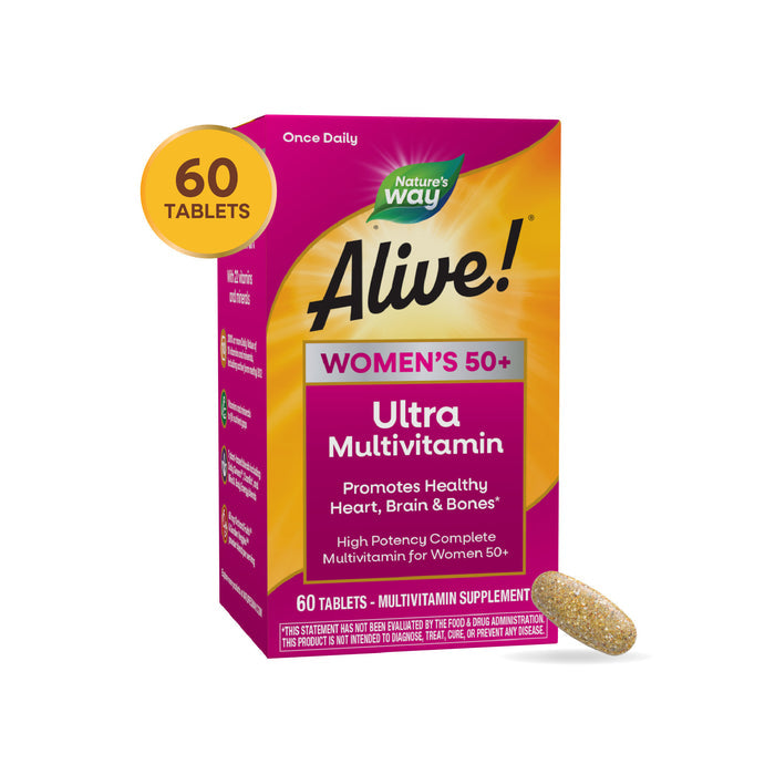 A box of Natures Way Alive!® Once Daily Women 50+ Ultra, 60 tablets, with a purple and yellow design, highlights support for heart, brain, bones, and antioxidants; one tablet is displayed in front of the box.