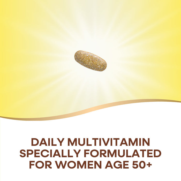 A single Alive!® Once Daily Women 50+ Ultra multivitamin tablet from Nature’s Way is displayed on a vibrant yellow background with the text: Antioxidant support, specially formulated for women age 50+.