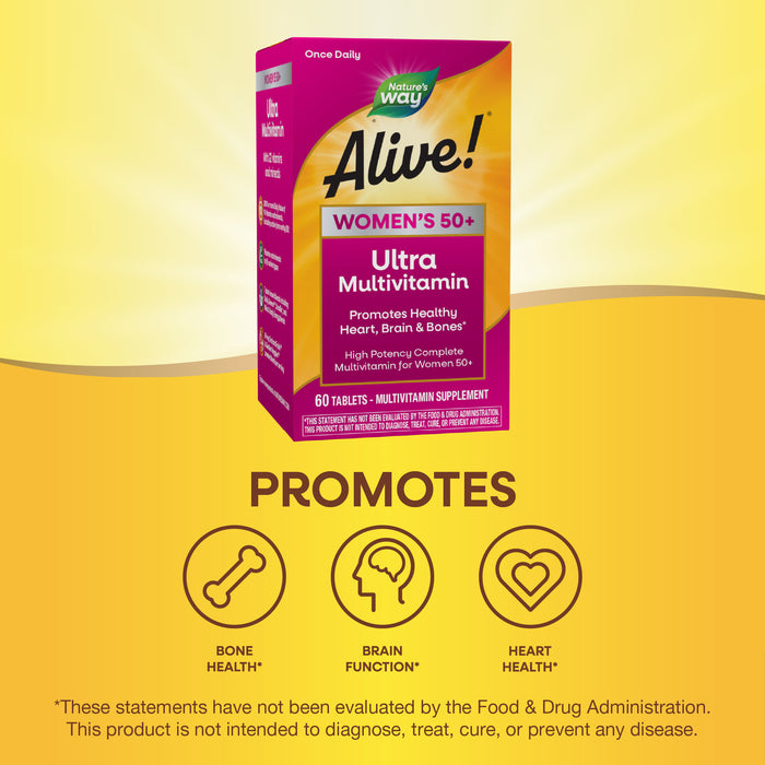 A box of Natures Way Alive!® Once Daily Women 50+ Ultra is shown above icons and text highlighting bone, brain, heart health, and antioxidant support. An FDA disclaimer appears at the bottom on a yellow background.