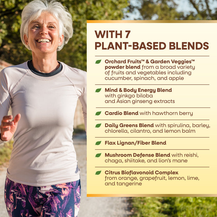 A smiling older woman jogs outdoors. On the right, Nature’s Way Alive!® Once Daily Women 50+ Ultra highlights seven plant-based blends—fruits, veggies, greens, energy, flavonoids, mushrooms, and hawthorn berry for daily antioxidant support.