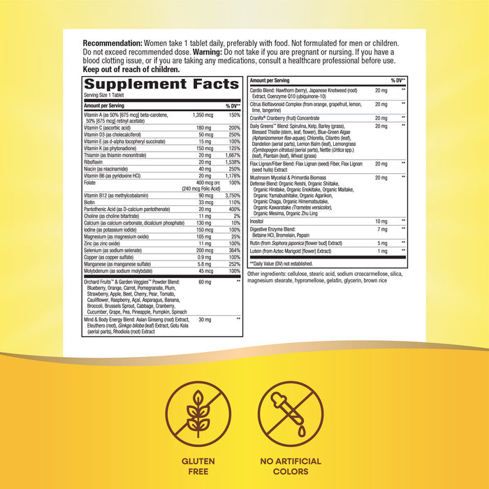 Nature’s Way Alive!® Once Daily Women 50+ Ultra supplement facts label features vitamins, minerals, and antioxidants. Icons highlight gluten free and no artificial colors. Yellow background emphasizes its made for women 50+.