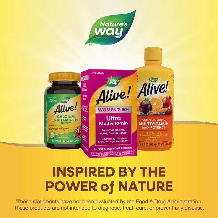 Three Nature’s Way Alive!® Once Daily Women 50+ Ultra bottles are displayed on a yellow background. Text reads, Inspired by the Power of Nature.