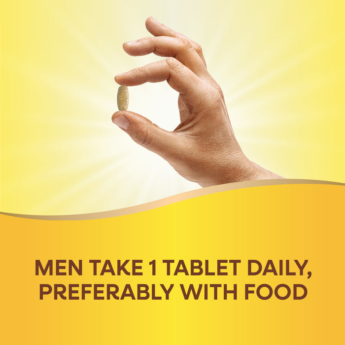 A hand holding a tablet against a radiant background. Text: MEN TAKE 1 TABLET DAILY, PREFERABLY WITH FOOD—Nature’s Way Alive!® Ultra Multivitamin promotes heart & muscle function and is made for men’s daily needs.